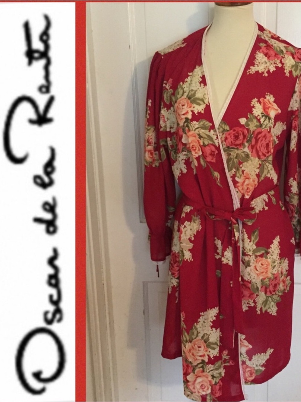 Oscar de la Renta Pink label red Floral robe missing tie closure, sz M; EUC